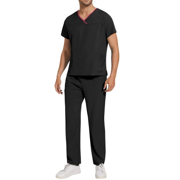 Domuza Mens Scrubs Set Regular Fit V-Neck Short Sleeve Solid Color Top & Straight Leg Pants Stretch Comfort Soft Caregiver Set with Pockets Black L