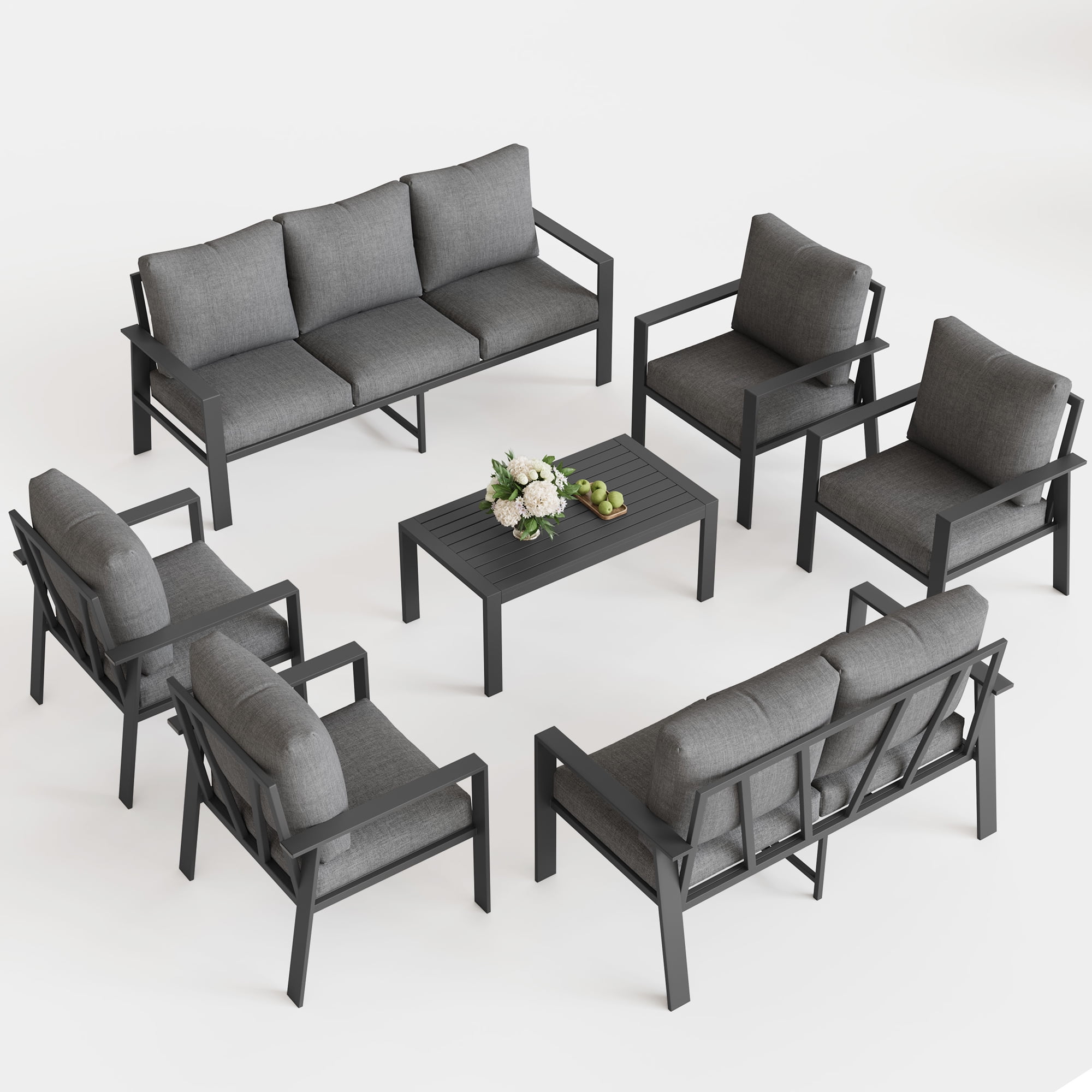 MRUAKA Aluminum Patio Furniture Set, 9 Pcs Modern Outdoor Sofa Sets, Outdoor Sectional Patio Conversation Set with Coffee Table for Backyard, Poolside, Dark Grey