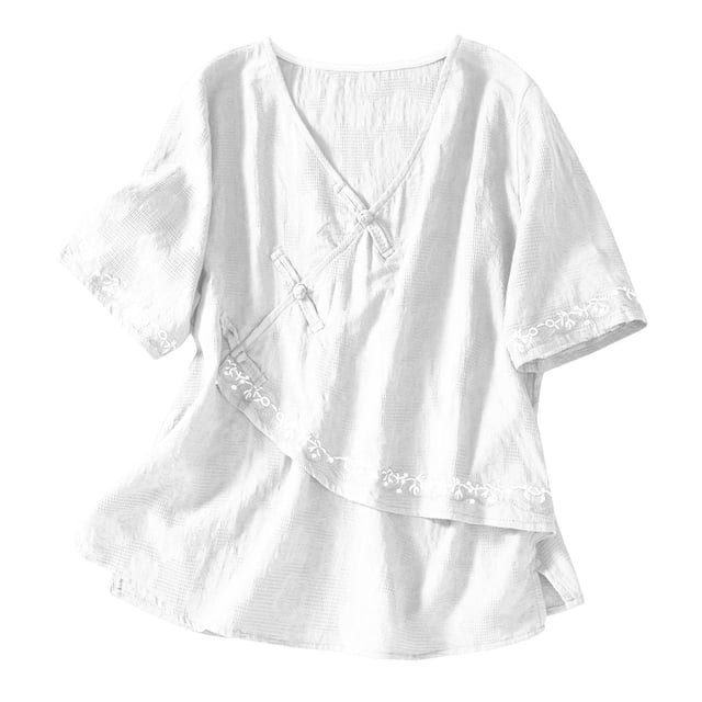 Vestidos Casuales Para Mujer, Blusas De Mujer De Moda Blusa de lino sintético con bordado de botones y abertura en el dobladillo, manga corta y cuello en V para mujer