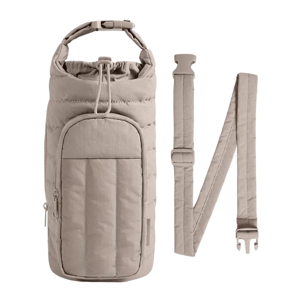 Bolsa para botella de agua con accesorios para taza, bolsillo para teléfono móvil y funda para botella. Camello