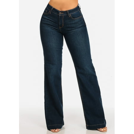 - Womens Juniors Stylish 1 Button High Rise Brown Stitching Dark Wash Flare Jeans 10052R