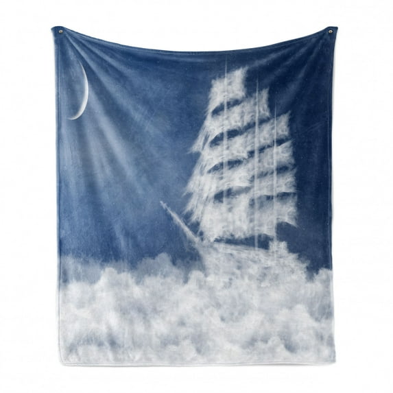 Nautical Soft Flannel Fleece Throw Blanket, Yacht in the Ocean Madend Shaped with Fluffy Cloudstmospheric Imaginary Sky, Cozy Plush for Indoor and Outdoor Use, 70" x 90", Blue White, by Ambesonne