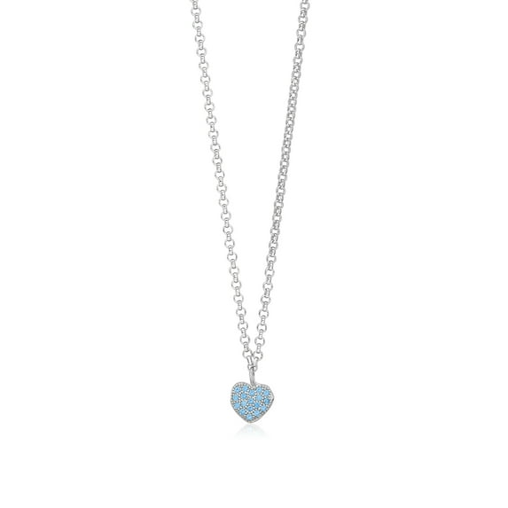 Sterling Silver 925 Small Light Blue Heart Pendant Necklace with Cubic Zirconia on Rolo Chain 15" Italy UNICORNJ