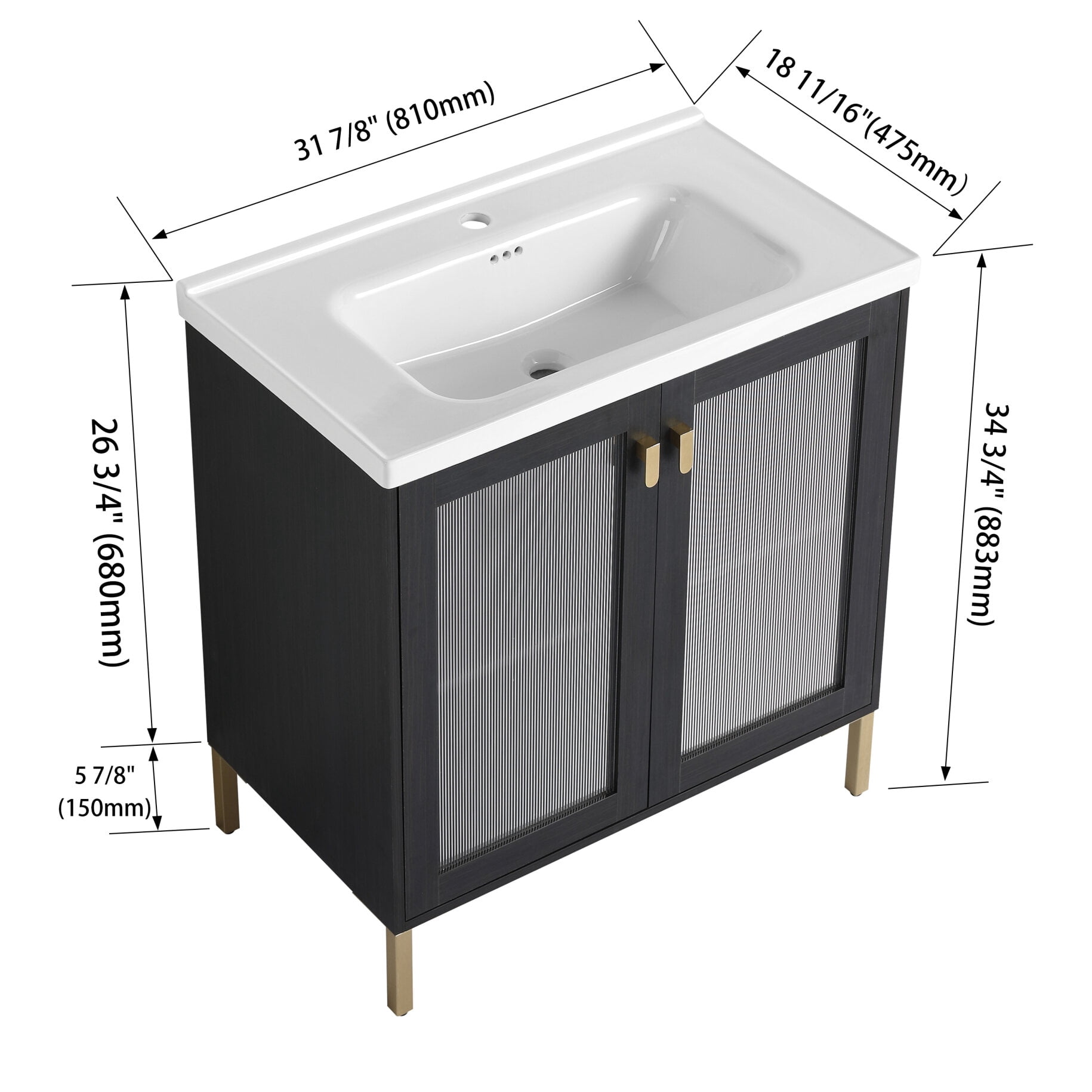32" Bathroom Vanity, Modern Double Door Storage Cabinet With Ceramic Single Sink, Soft Closing Glass Door, Freestanding Bathroom Sink Cabinet, Black