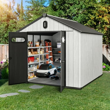 Dextrus 8x10ft Outdoor Resin Storage Shed with Floor, 544 cuft Garden Shed with Lockable Door, Windows & Vents, Plastic Tool Storage, Waterproof