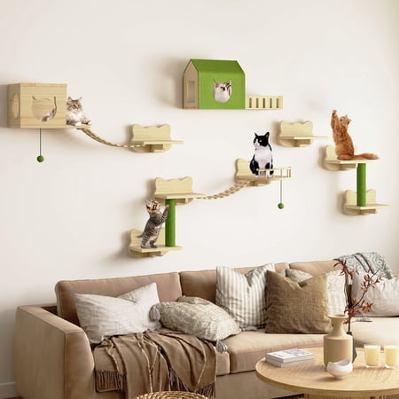 Uforic Cat Wall Shelves and Perches, Wooden Wall-Mounted Cat Furniture Set of 16 with 3 Cat House, 7 Shelves, 2 Sisal Posts & Hanging Balls for Indoor, Green & Wood