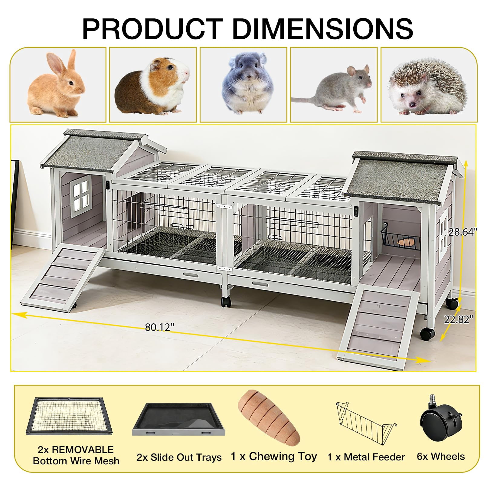 Aivituvin Rabbit Hutch Indoor Outdoor, Large Bunny Cage with Double House and Run, 10.4 ft² Guinea Pig House, Upgrade Deeper No-Leak Trays, On Wheels for Easy Moving