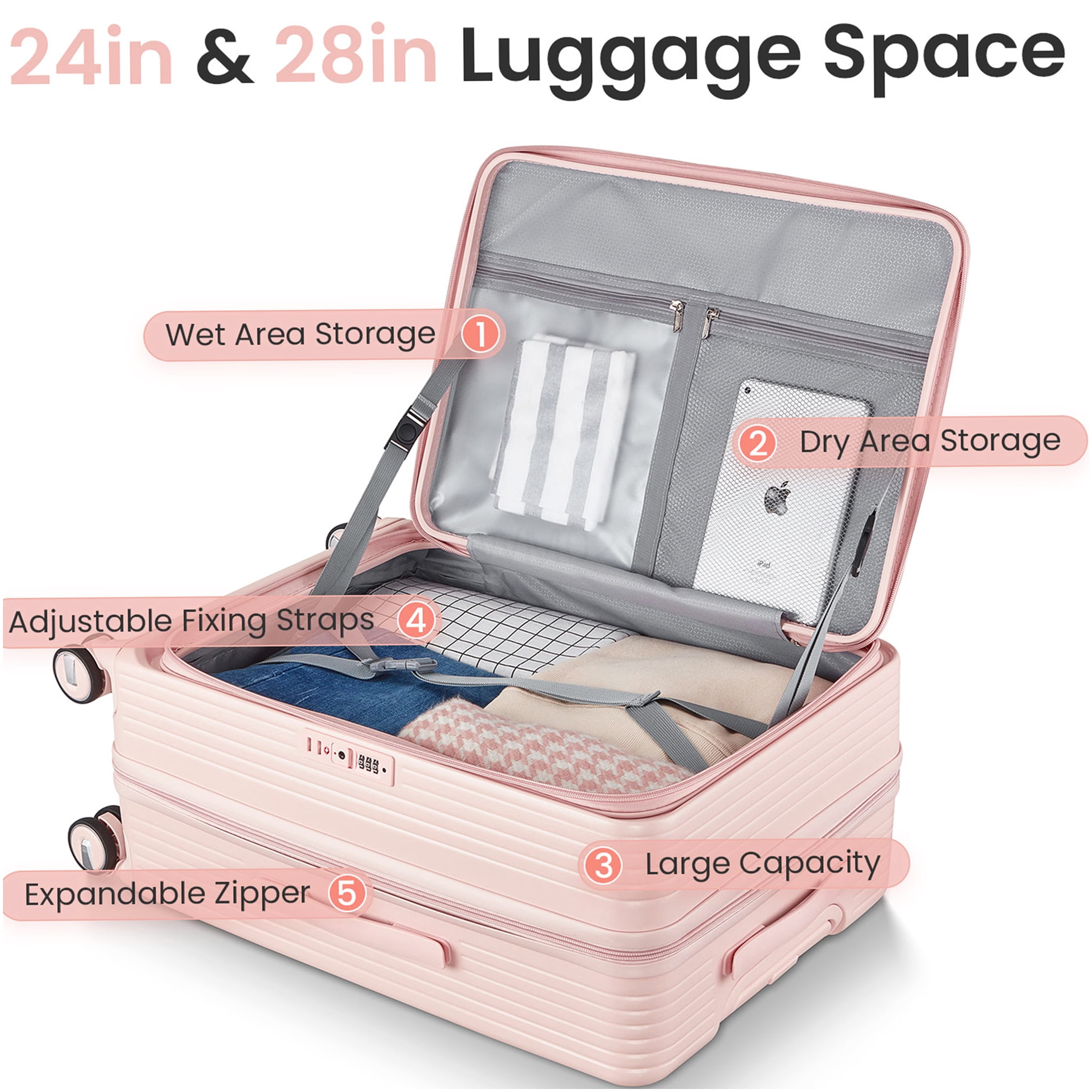 Pink 3-Piece Hard Shell Luggage Set with TSA Lock, Expandable Carry On Suitcase with Front Pocket & Spinner Wheels