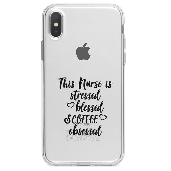 DistinctInk Clear Shockproof Hybrid Case for iPhone X / XS (5.8" Screen) - TPU Bumper Acrylic Back Tempered Glass Screen Protector - This Nurse Is Stressed Blessed & Coffee Obsessed