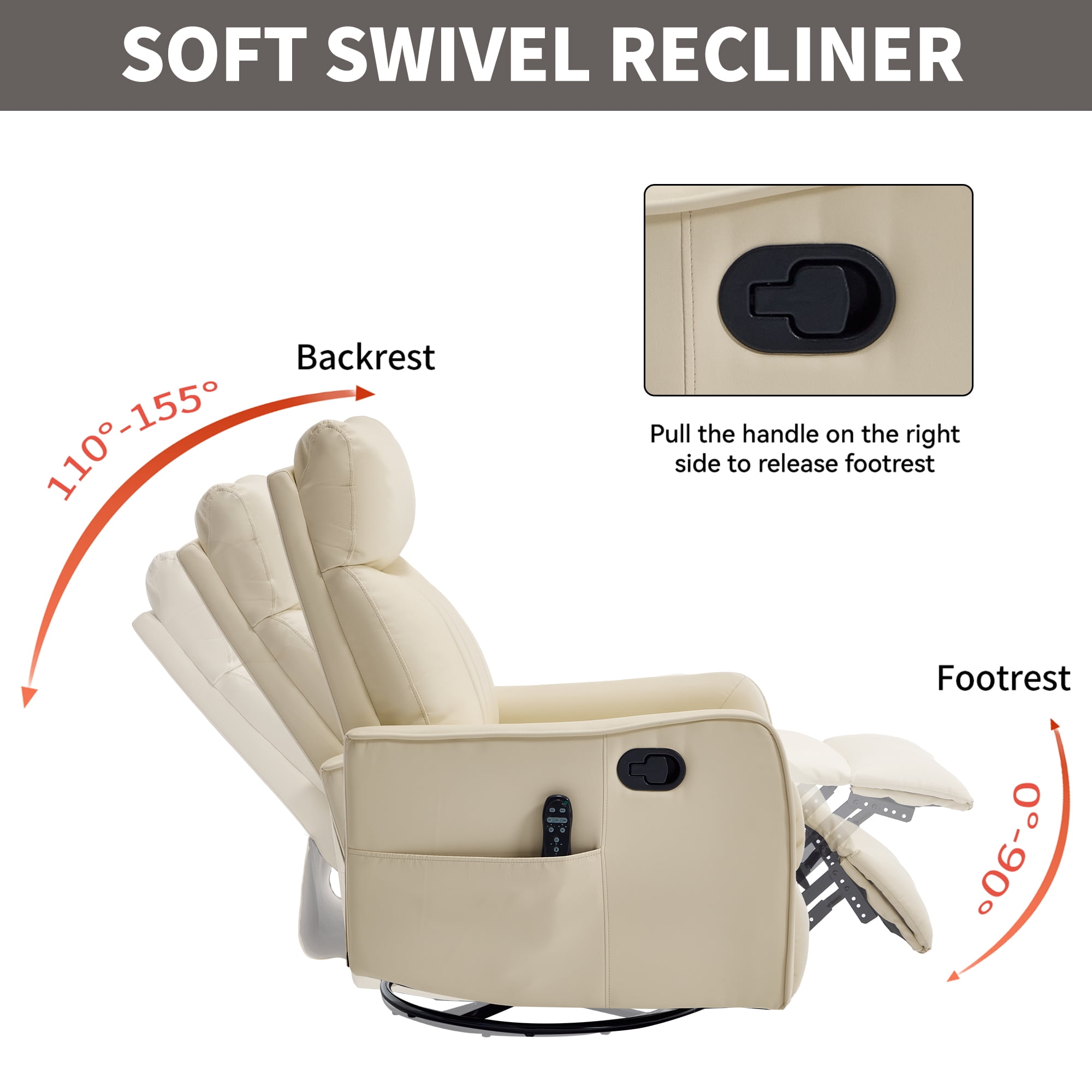 Gewnee 360° Swivel Rocking Recliner with Massage & Heat, Adjustable Reclining Angle, for Living Room & Office，Beige