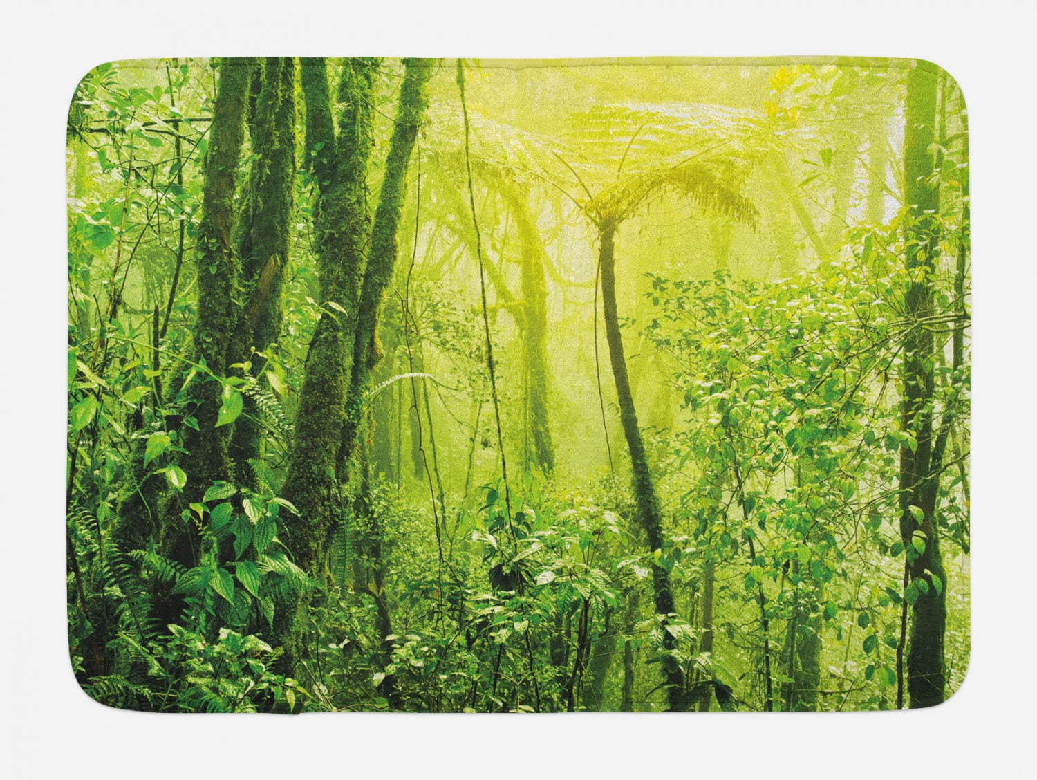 Green Bath Mat, Tropical Amazon Wildlife Nature Forest with Branches and Tree Art, NonSlip