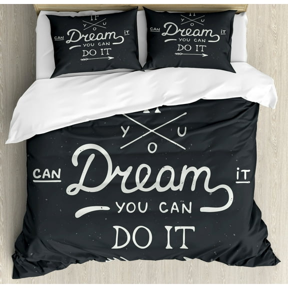 Motivational King Size Duvet Cover Set, If You Can Dream It You Can Do It Philosophical Phrase Vintage, Decorative 3 Piece Bedding Set with 2 Pillow Shams, Charcoal Grey and Coconut, by Ambesonne