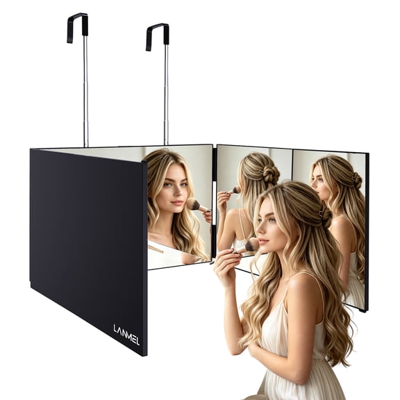 LANMEL 3 Way Mirror for Hair Cutting, 360 Trifold Self Haircut Barber Mirror with Clear Anti-Fog HD Glass for Men and Women, Height Adjustable