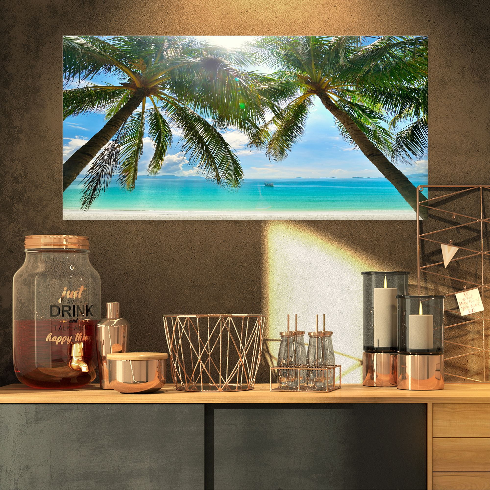 Designart 'Palm Hanging over Sandy White Beach ' Seashore Photo Canvas Art Print
