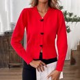 thumbnail image 4 of Aueoeo Women's V Neck Sweater Long Sleeve Open Front Cardigan Sweater Fall Winter Knit Coats With Bow Buttons Red L, 4 of 6