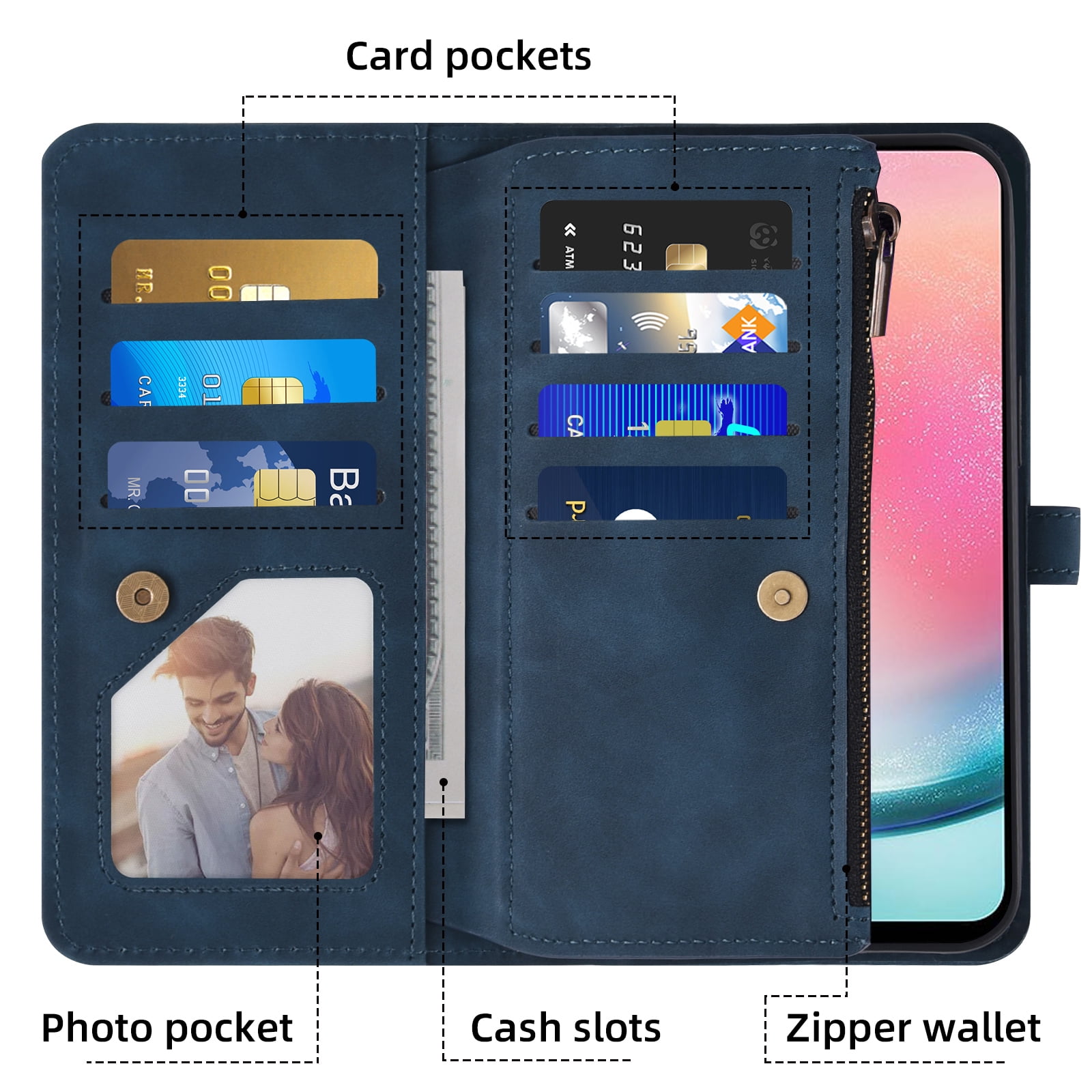 Asuwish Phone Case for Samsung Galaxy A25 5G Wallet Cover With Tempered Glass Screen Protector Crossbody Wrist Strap Flip Pattern Zipper Credit Card Holder Stand Cell A 25 25A SM-A256U Women Men Blue