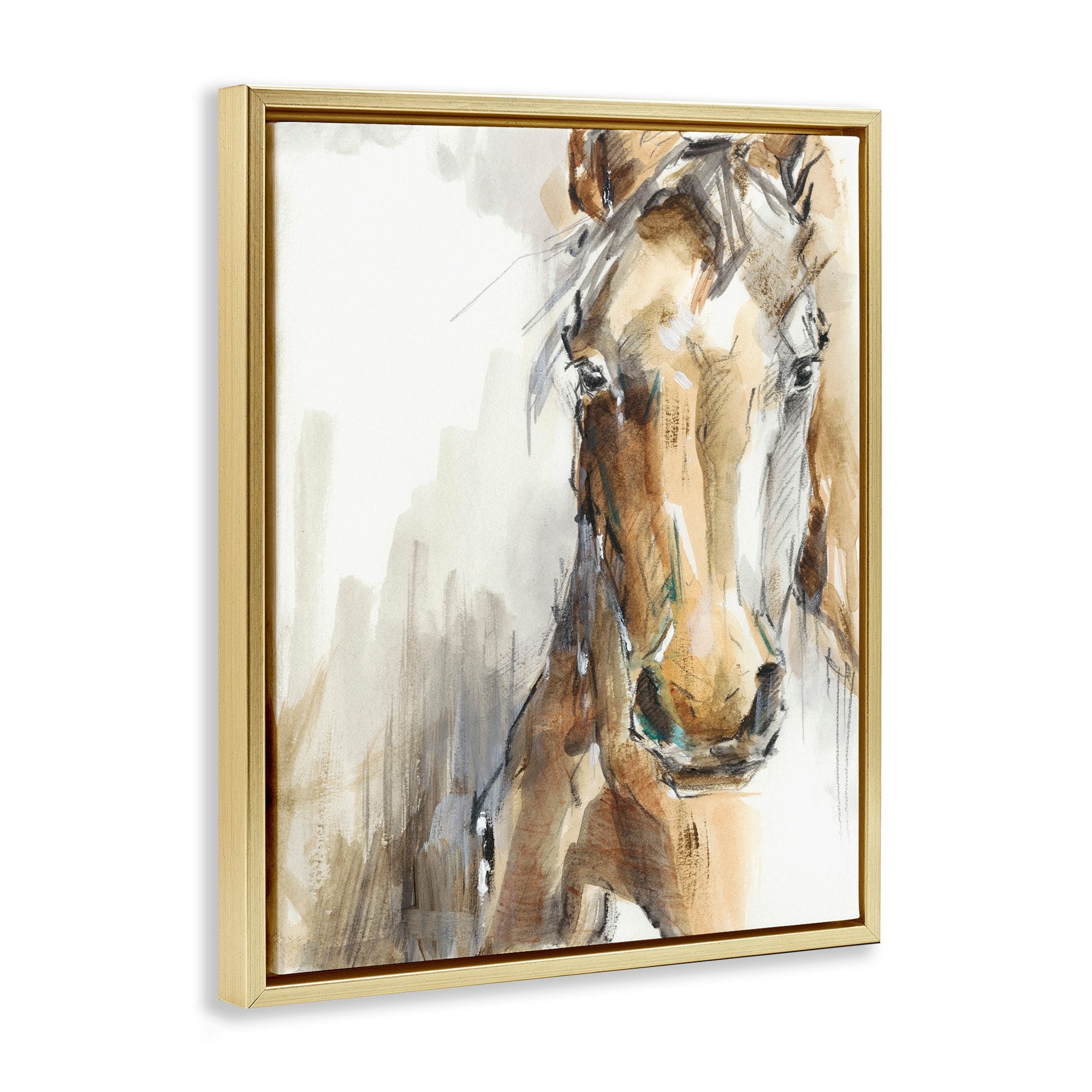 Stupell Industries Horse Portrait Orange Brown Animal Watercolor Painting Metallic Gold Framed Floating Canvas Wall Art, 16x20, by Ethan Harper