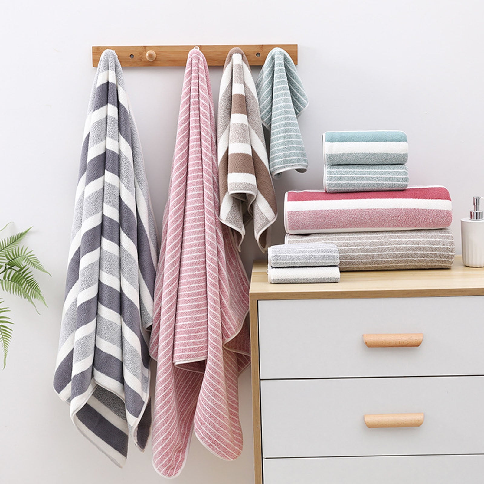 Twfbrm 8 Piece Microfiber Bath Towel Set, Coral Velvet Highly Absorbent Striped Towels, 2 Bath Towels 2 Hand Towels and 4 Wash Cloths, Soft and Lightweight Towels for Bathroom Gym Beach Hotel and Spa