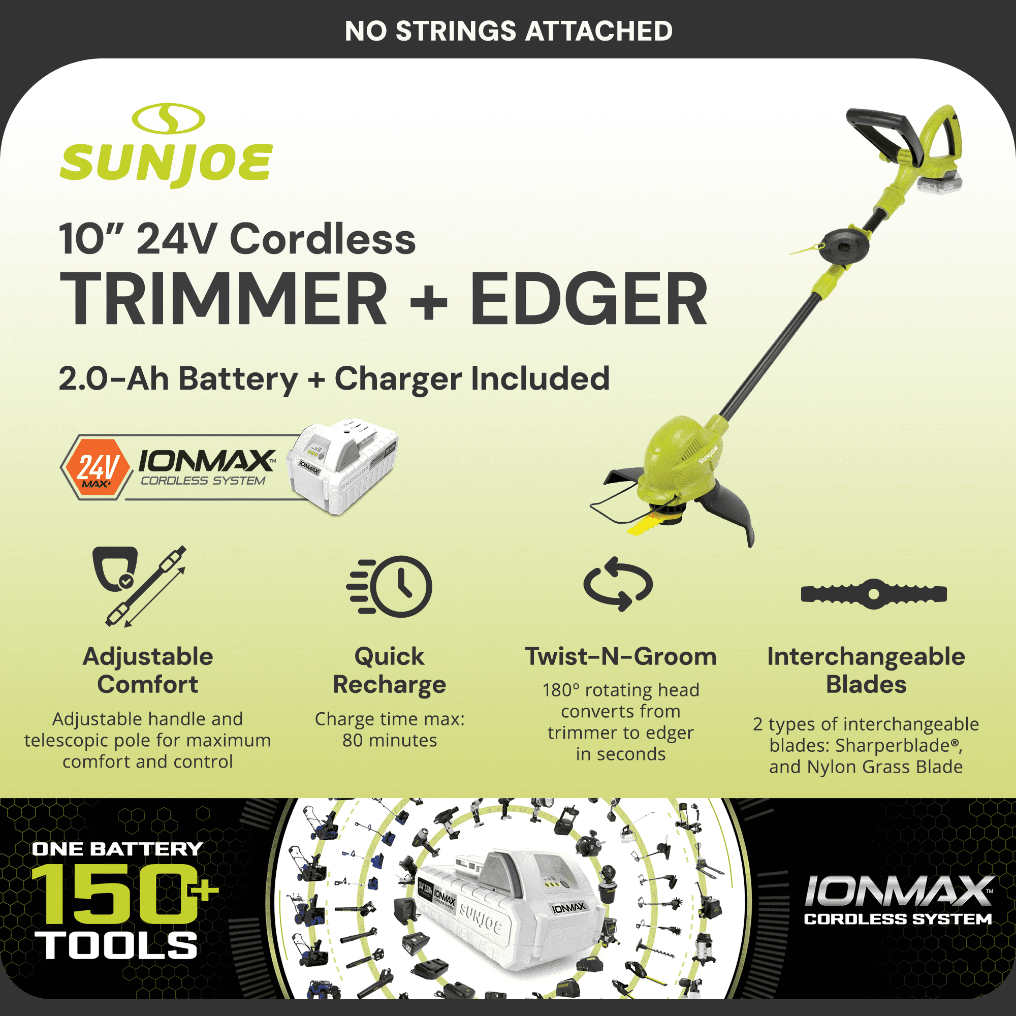 Sun Joe 24V Cordless Stringless Lawn Trimmer, Battery Powered Grass Trimming Tool, 10-Inch