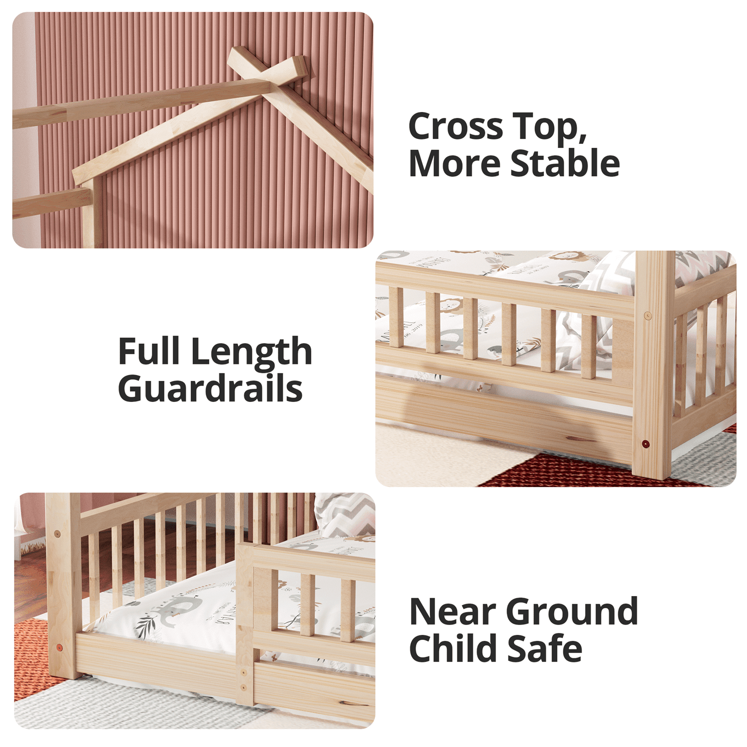 Full Size House Floor Bed with Roof, Wooden Montessori Floor Bed Frame with Safety Fence and Wooden Slats, Montessori House Floor Bed for Boys and Girls, Natural
