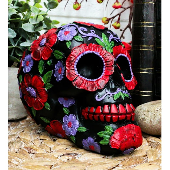 Ebros Black Day of The Dead Floral Blooms Sugar Skull Figurine DOD Skulls 6" L