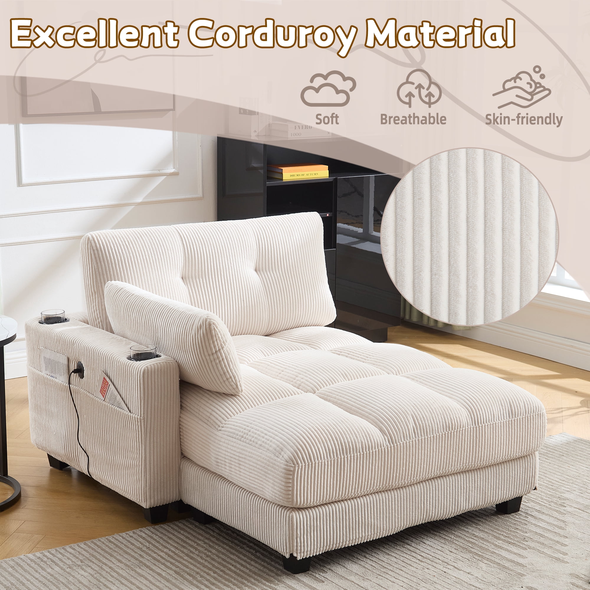 MOONMISS Corduroy Upholstered Soft Deep Seat Sleeper Sofa with USB,TYPE-C&2 Cup Holders-Beige