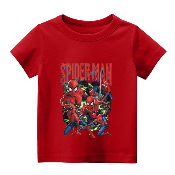 Loose Fit Short Sleeve Crew Neck T-Shirt with Multi-Character Spider Superhero Comic Collage Print, Summer Casual Tee for Boys & Girls, Red, 120