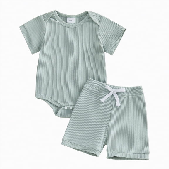 JUMEYU Baby Boy Outfit Newborn Newborn Baby Boy Summer Clothes Short Sleeve Romper Jumpsuit and Overall Shorts Set 2 Piece Outfit 0 3 6 9 12 18 24 Months (Light Green,6-9 Months)