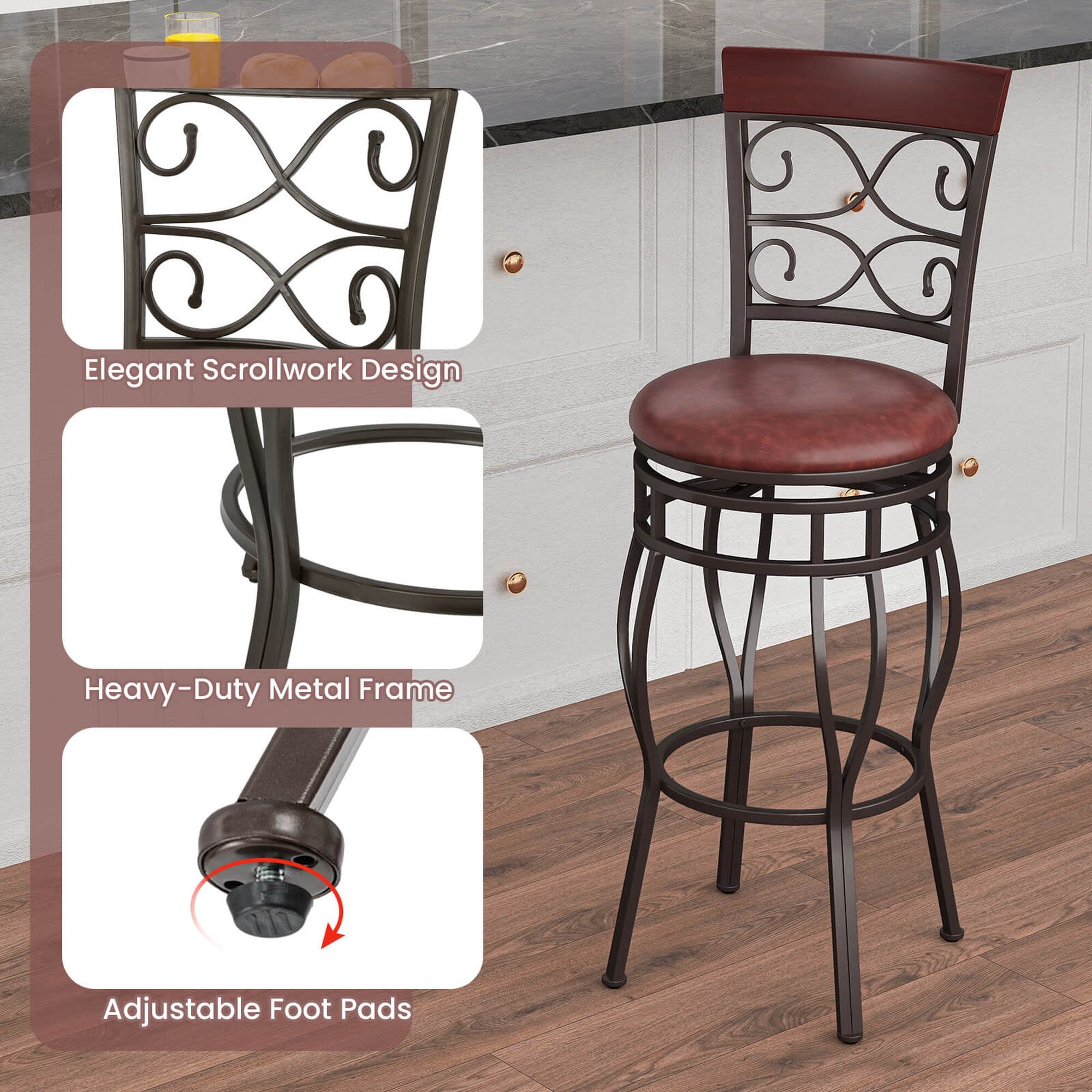 Costway Set of 2 Vintage Bar Stools Swivel Padded Seat 30'' Bistro Dining Kitchen Pub Chair High Back