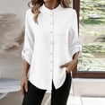 thumbnail image 4 of Mandarin Stand Collar Full Button Up Roll Tab Sleeve Chest Pocket Asymmetric High Low Hem Crinkle Cotton Linen Shirt for Women Spring Summer Casual Office Wear, 4 of 9
