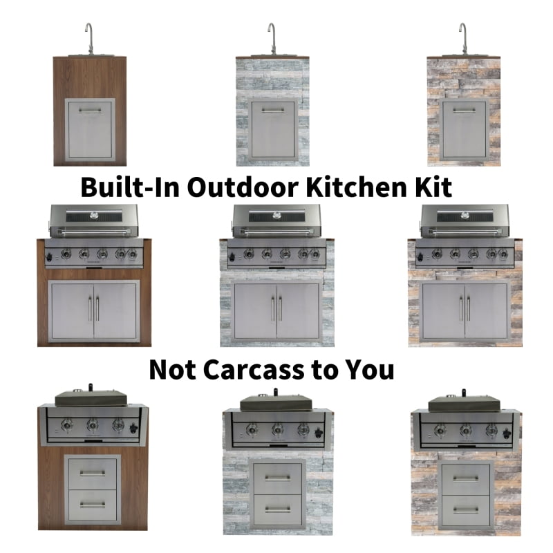 Built-in Outdoor Kitchen 32 inch LPG Gas Grill 60000 BTU Stainless Steel Four burners Grill with Infrared Rear Bunrer and Door and Drawer Combo and Drop in Stainless Steel 304# Sink with BBQ Tool Set