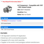 A/C Compressor - Compatible with 1997 - 2001 Honda Prelude 1998 1999 2000