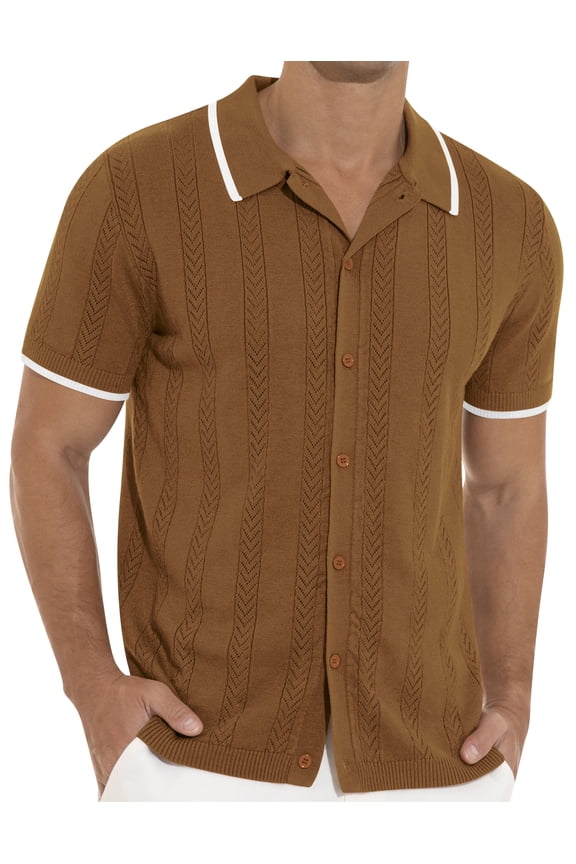 Men's Casual Button Down Shirt Short Sleeve Vintage Clothes Knit Polo Shirts Summer Beach Shirts