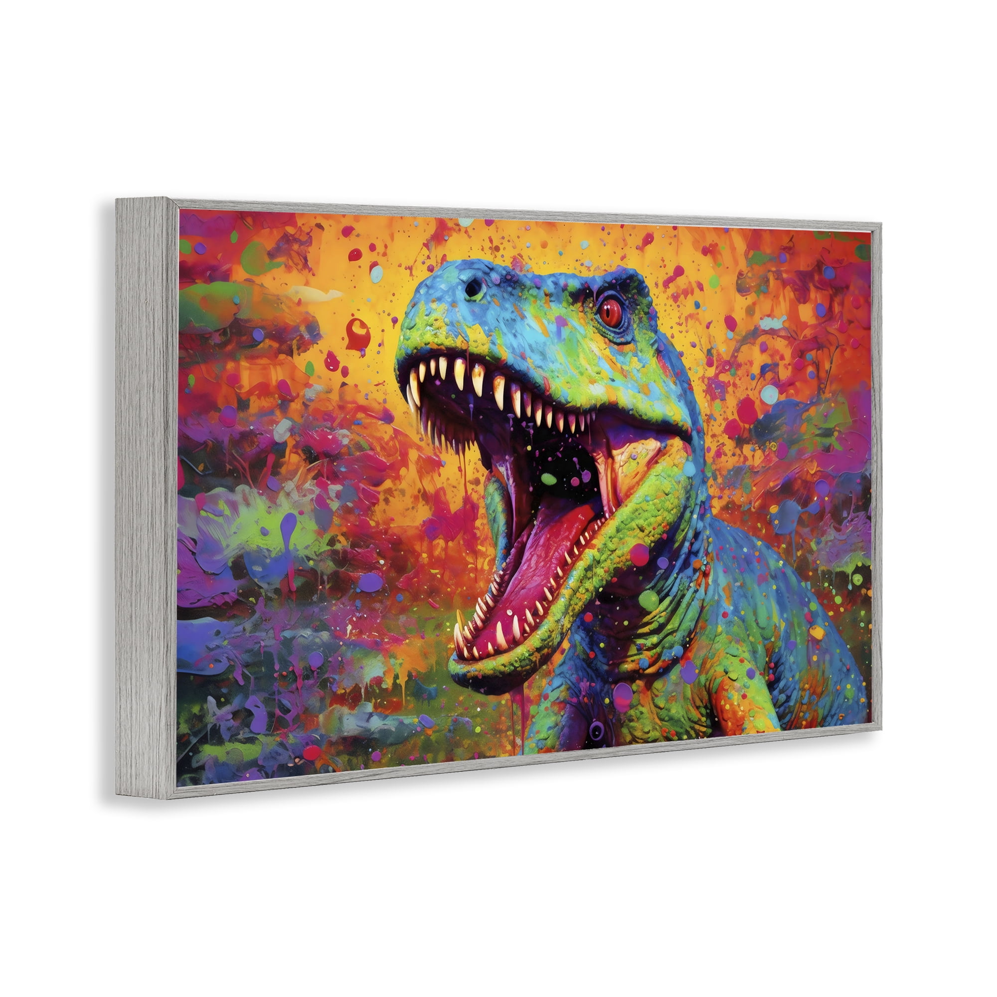 Stupell Industries Colorful T-Rex with Splatter Gray Framed Giclee Art, design by Creative Studio