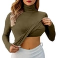 thumbnail image 3 of Curuila Long Sleeve Shirts For Women High Neck Slim Fit Solid Color Lightweight Casual Summer T Shirt Army Green Size M, 3 of 5