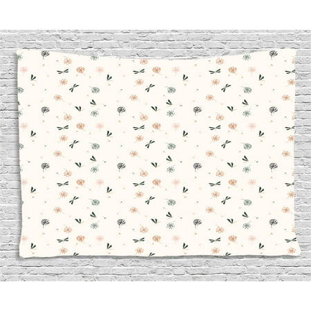 Dragonfly Tapestry Flyaway Dandelions Spring Bugs On Champagne Color Background Hand Drawn Nature Wall Hanging For Bedroom Living Room Dorm Decor