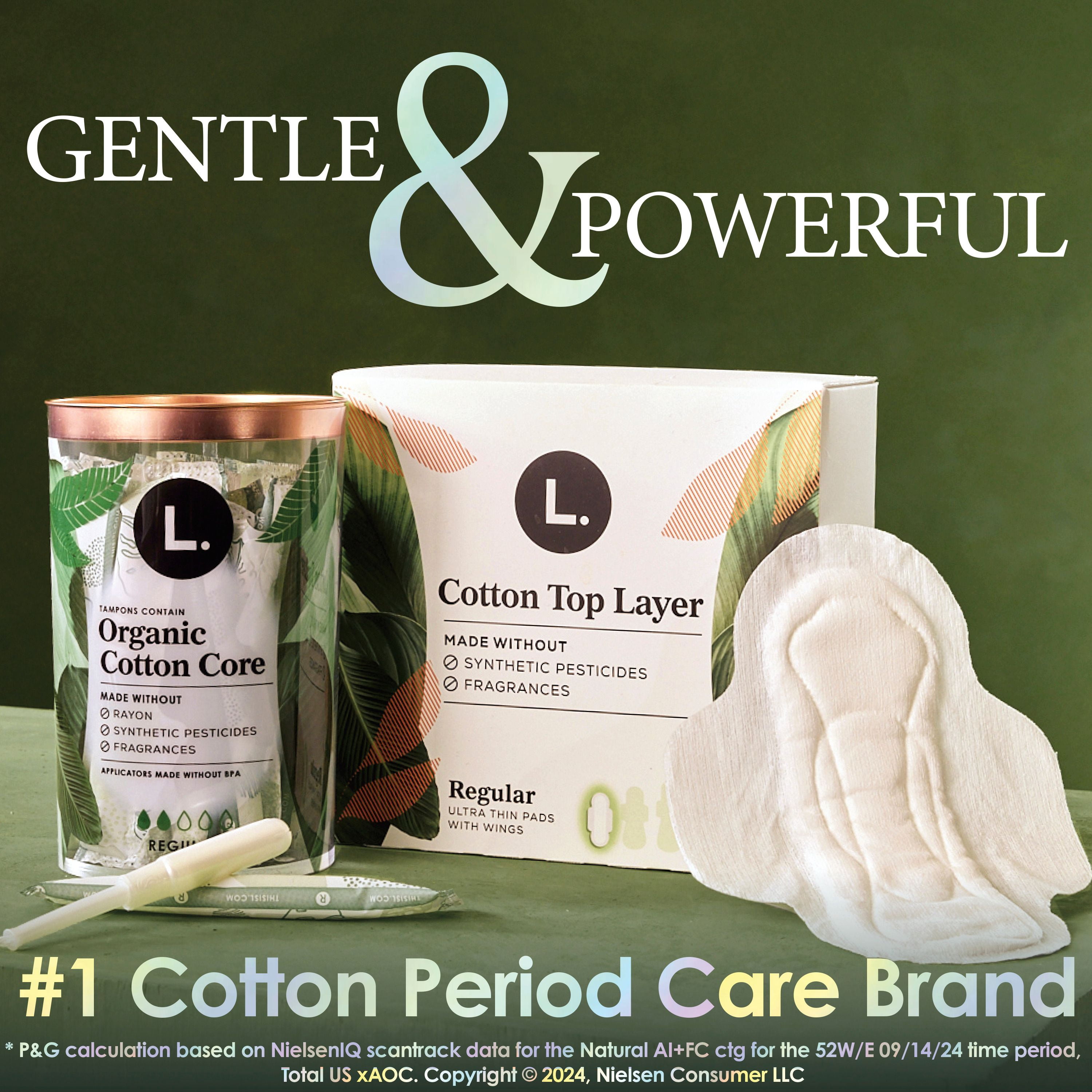 L. Cotton Tampons Super Absorbency, Free from Chlorine Bleaching, Pesticides, Fragrances, or Dyes, 30CT