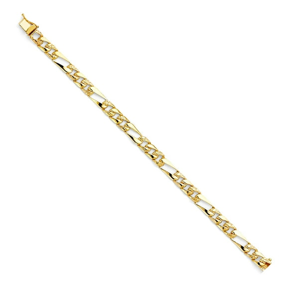 Wellingsale 14k Yellow Gold Polished Stamp Nugget Figaro Link Bracelet - 7"