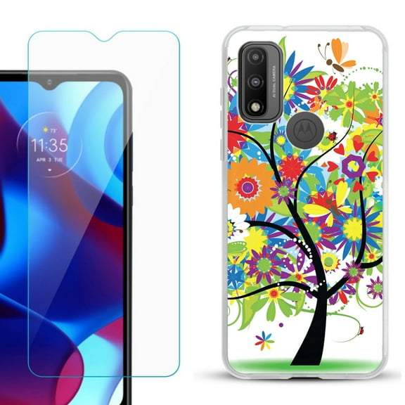 Slim-Fit Gel TPU Phone Case for Motorola Moto G Pure, with Tempered Glass Screen Protector, by OneToughShield ® - Colorful Tree