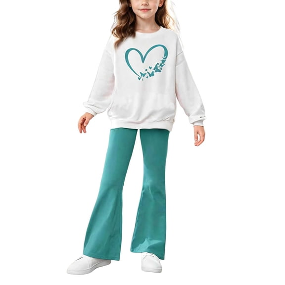 OGLCCG Tween Girls 2 Piece Outfits Long Sleeve Heart Printed Sweatshirts and Flare Leg Pant Lightweight 2pcs Outfit Set, Size 5-14 Years