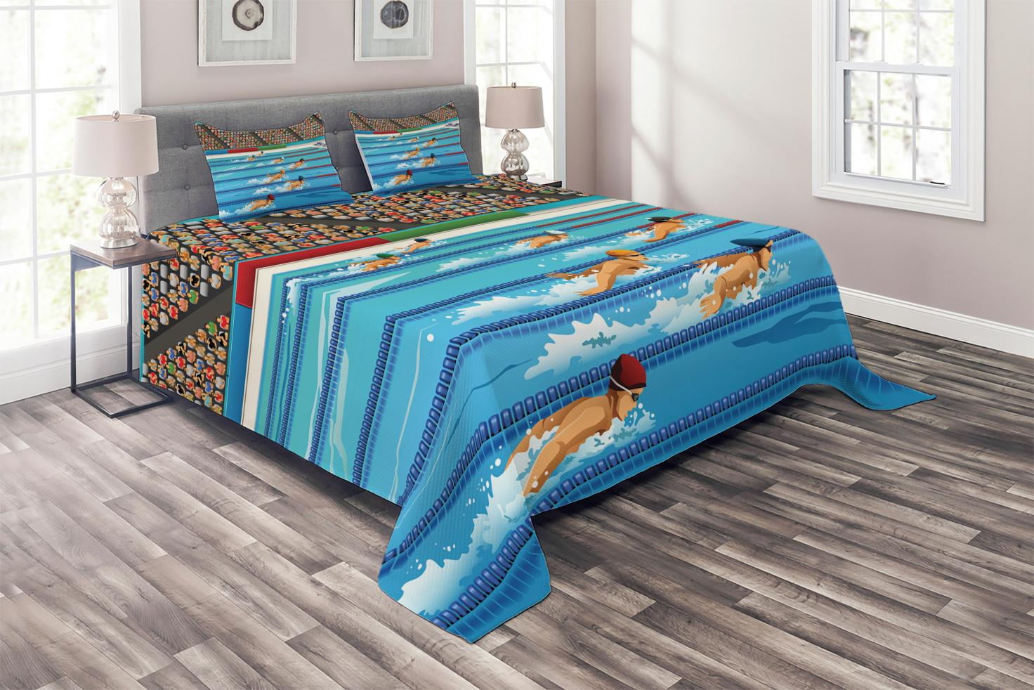 Olympics Coverlet Set Queen Size, Illustration of Swimmers During