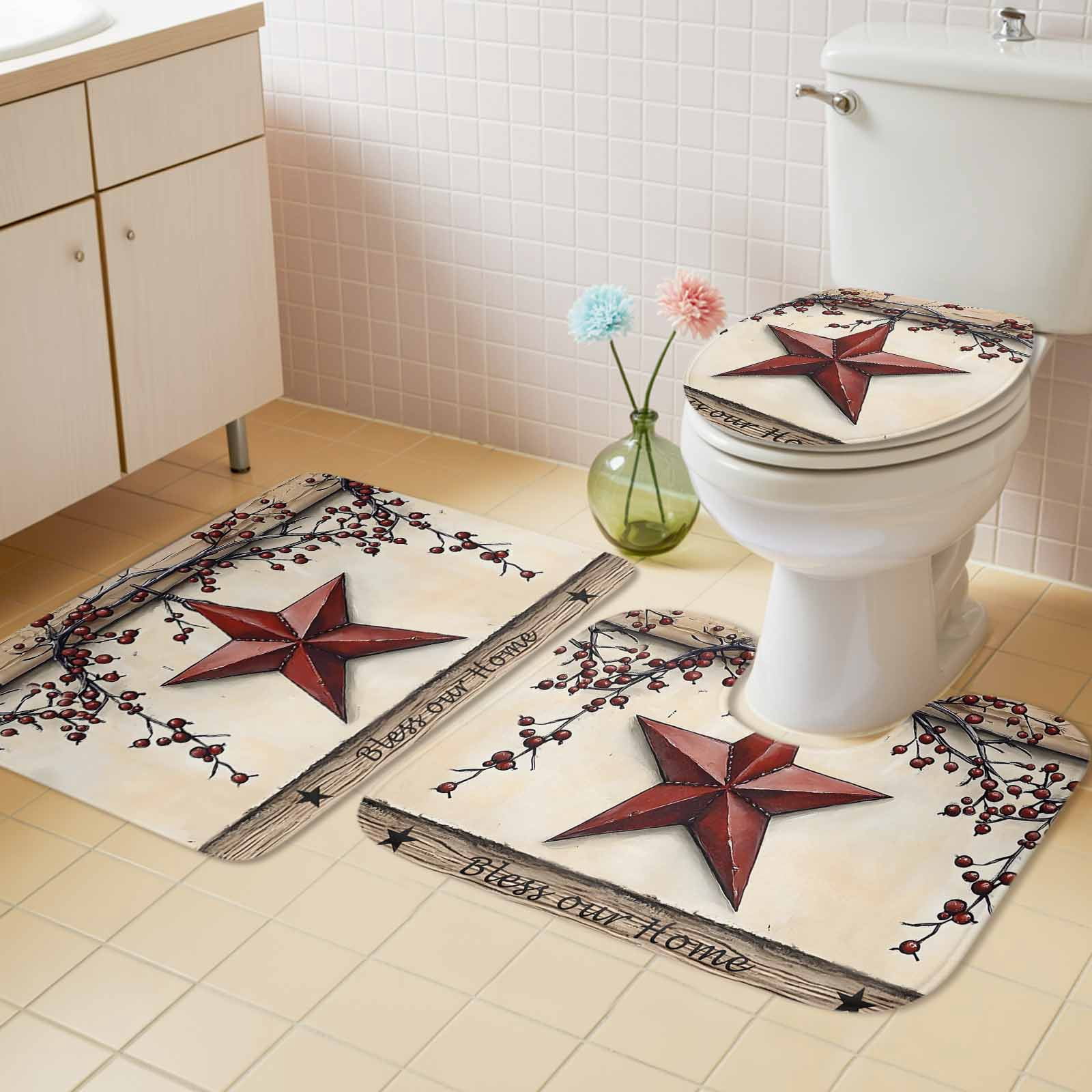 Red Texas Star Rustic Bath Mat 3 Piece Bathroom Rug Set, Country Star Berries Wooden Non Slip Bath Rug Contour Mat and Toilet Lid Cover, Absorbent Shower Mats Soft Bath Rugs and Mats Sets