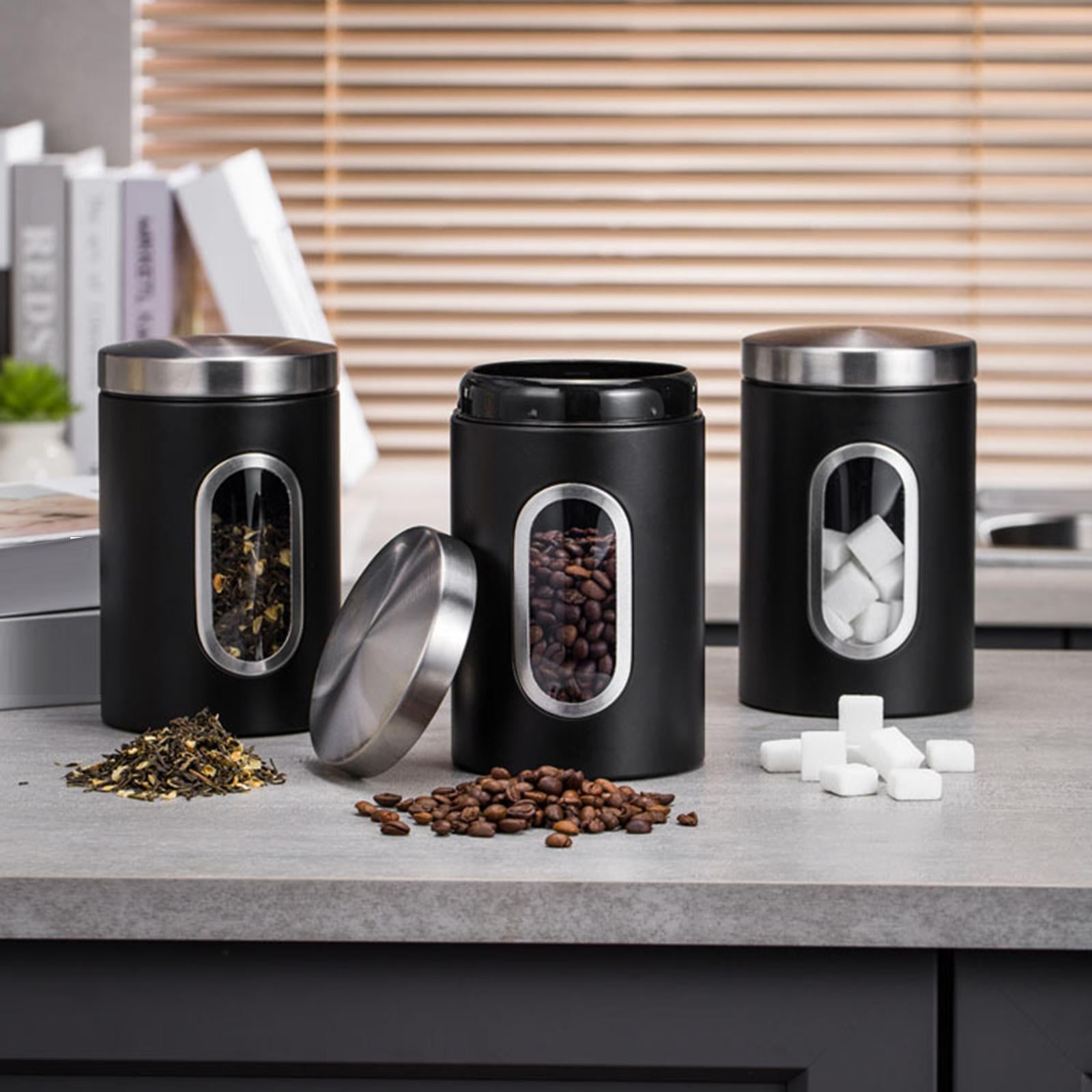 3 Pieces Stainless Steel Food Storage Jars Organization Container Airtight Transparent with Lid Kitchen Storage Canister Set Black