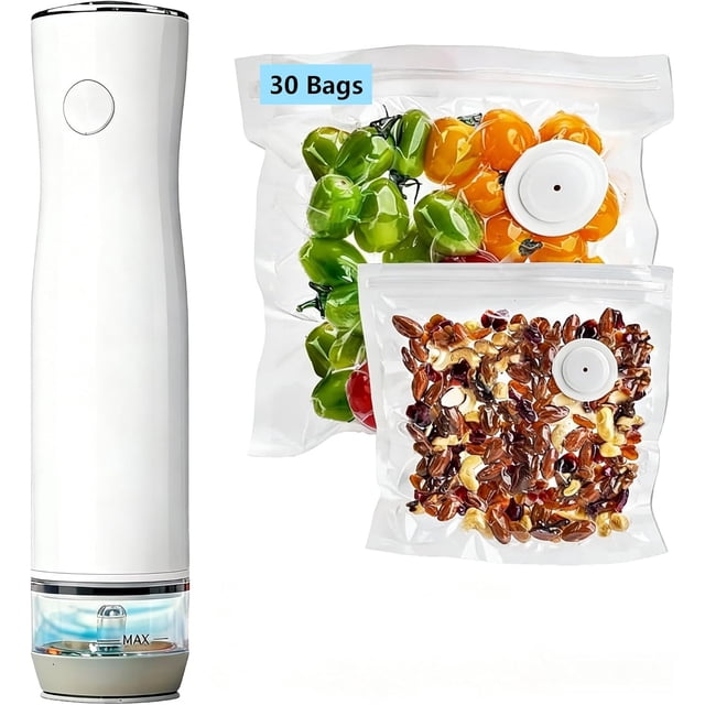 Scelleuse sous Vide Compacte pour Aliments (Machine de Mise sous Vide + 30 Sacs sous Vide Réutilisables), Scelleuse sous Vide Portative Rechargeable, Scelleuse sous Vide Portable pour Conserver les Aliments, Légumes, Fruits, Viande