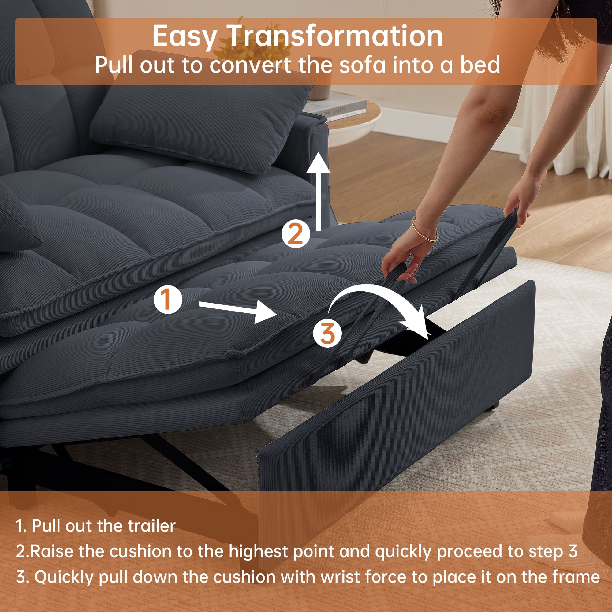 Soscana Convertible Sofa Bed Loveseat with Adjustable Backrest,3 in 1 Sleeper Sofa Pull Out Bed Reclining Couch with 2 Lumbar Cushions and Storage Side Pockets for Living Room,Apt,Office,Studio