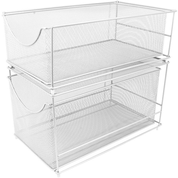 DJDG Cabinet Organizer Set —Mesh Storage Organizer with Pull Out Drawers—Ideal for Countertop, Cabinet, Pantry, Under the Sink, Desktop and More (White Two-Piece Set)