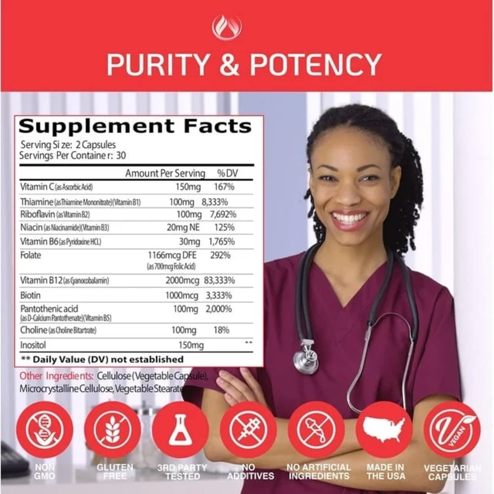 Vitamin B12 2000 mcg 60 Capsules, Vitamin B Complex Energy Supplement, Metabolism Booster with Vitamin B-12, B6, B7 as Biotin, B3 as Niacin, Folic Acid, B1, B2, B5, B9 & Vitamin C - 60 ct with Box