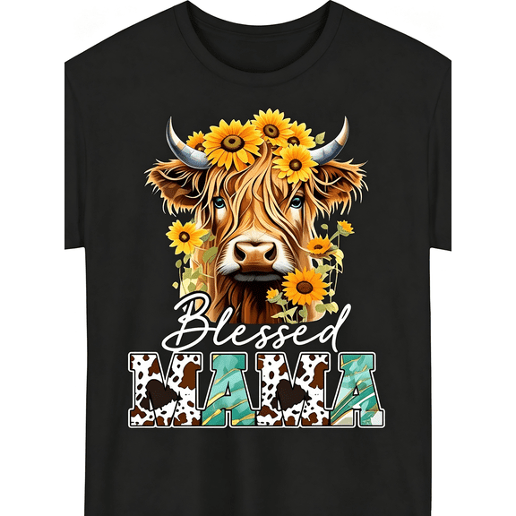 Women’s Western Highland Cow Sunflower Blessed Mama Graphic T Shirt Cow Print Country Mom Life Casual Short Sleeve Tee