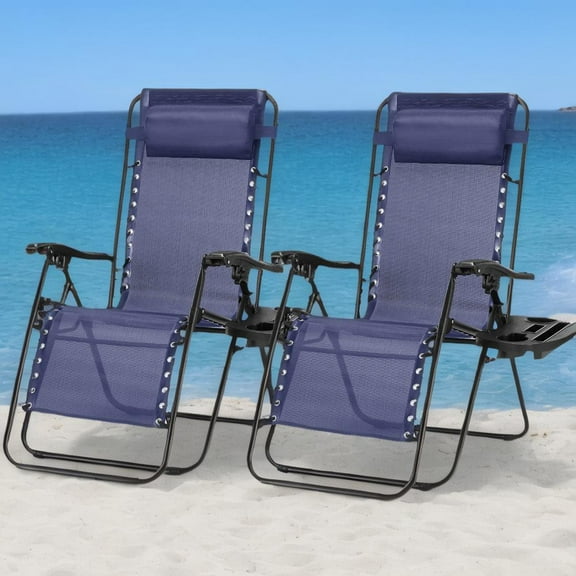 JOINSUN Set of 2 Outdoor Lounge Chairs, Portable Folding Reclining Camping Chair with Adjustable Pillow and Cup Holder Trays for Patio Garden Lawn Beach, Blue