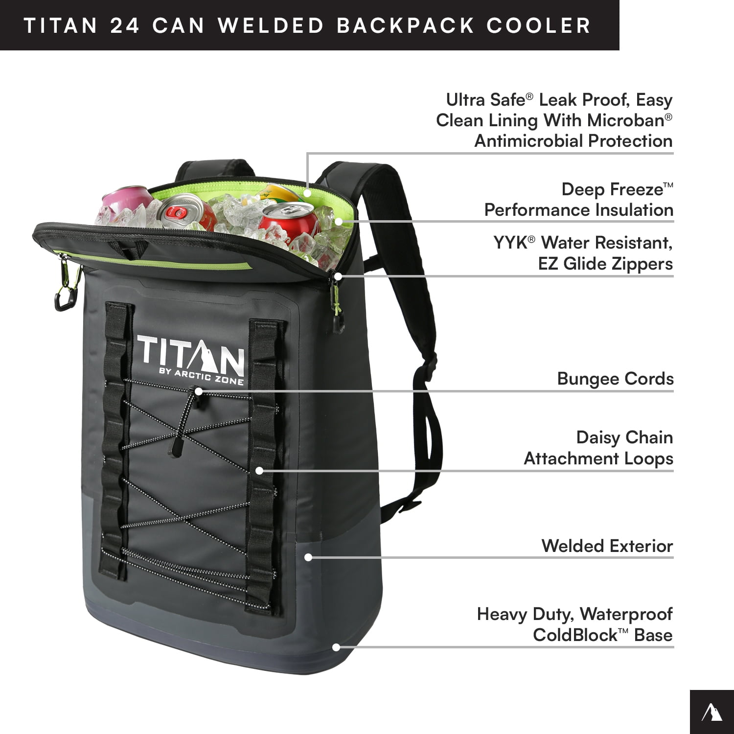 Titan by Arctic Zone 24 Can, 16 Quart Welded Cooler Backpack with Waterproof Exterior, Black